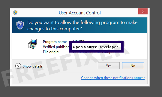 Screenshot where Open Source Developer appears as the verified publisher in the UAC dialog